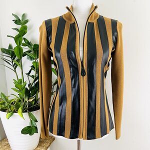 J' Envie New York Brown & Black Stripe Extra Fine Merino Wool Zip up Sweater Sm